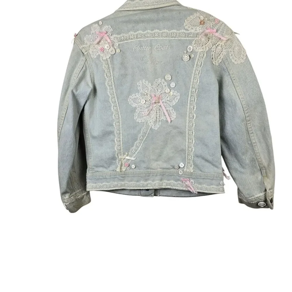 Coquette Fairycore Denim Jacket Size 14  Lace Pink Bows Embellished Button Up